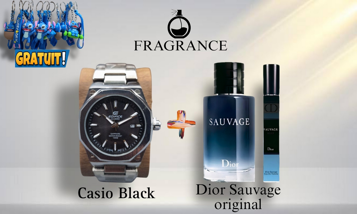 "Offre Luxe⚜️" : Montre Edifice ▪️Black▪️+ Parfum Dior Sauvage D'origine + Cadeau Stitch !"🎁